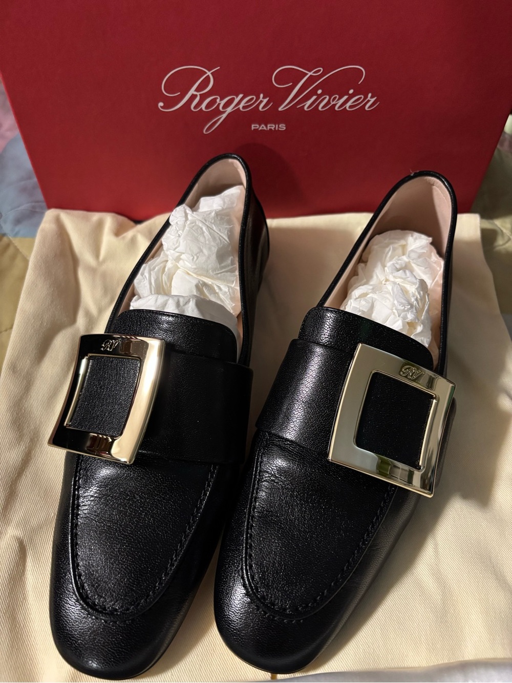 Roger Vivier Black Leather Square-Buckle Loafers